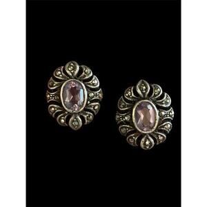 Sterling Silver Kabana Marcasite Amythest Swirl Stud Earrings 925